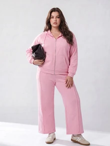 Solavibe Plus Size Women Solid Color Drawstring Hooded Zip-Up Long Sleeve Top And Pants Casual Daily 2-Piece Set Winter - Pink - View 3