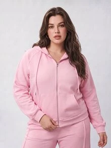 Solavibe Plus Size Women Solid Color Drawstring Hooded Zip-Up Long Sleeve Top And Pants Casual Daily 2-Piece Set Winter - Pink - View 9