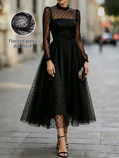 Velvienne Plus Size Women's Elegant French Vintage Black Polka Dot Mesh Waist-Cinching A-Line Dress
