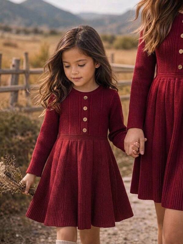 LMoss Kids Young Girl Solid Color Long Sleeve Crew Neck Sweater Dress, Front Button Design, Suitable For Autumn/Winter Wear, Home, Outdoor Sports, School, Casual Daily Wear. Style Matches My Mom, Sister And Younger Sisters