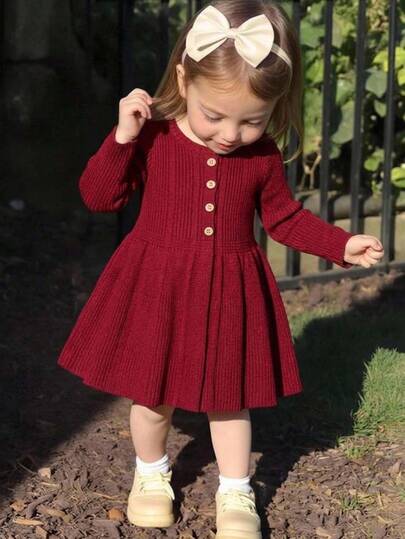 LMoss Kids Young Girl Solid Color Long Sleeve Crew Neck Sweater Dress, Front Button Design, Suitable For Autumn/Winter Wear, Home, Outdoor Sports, School, Casual Daily Wear. Style Matches My Mom, Sister And Younger Sisters