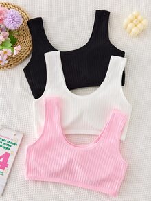 3-Piece Teen Girls Wireless Training Bras,Cute Baby Pink Ribbed Knit Bralettes With Bow Detail For Back-To-School Winter,Comfortable Round Neck - Multicolor - View 2