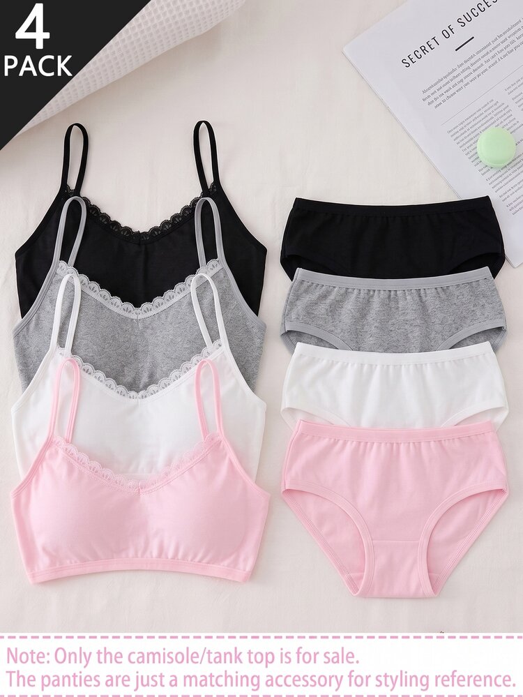 3 Pieces Teen Girls Wireless Training Bras, Baby Pink Ribbed Knit Bralettes With Bow Detail Cycling Summer, Comfortable Round Neck Black White - Multicolor - View 6