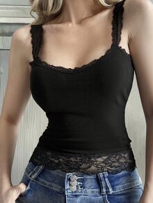 DAZY Women's Solid Color Contrast Lace Fashion Camisole Summer - Black - View 6