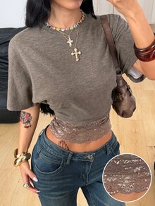 Coolane 女款夏季街頭風休閒日常穿著優雅Y2K彈性對比蕾絲卡其色寬鬆短袖T恤 - 卡其色 - 查看 2