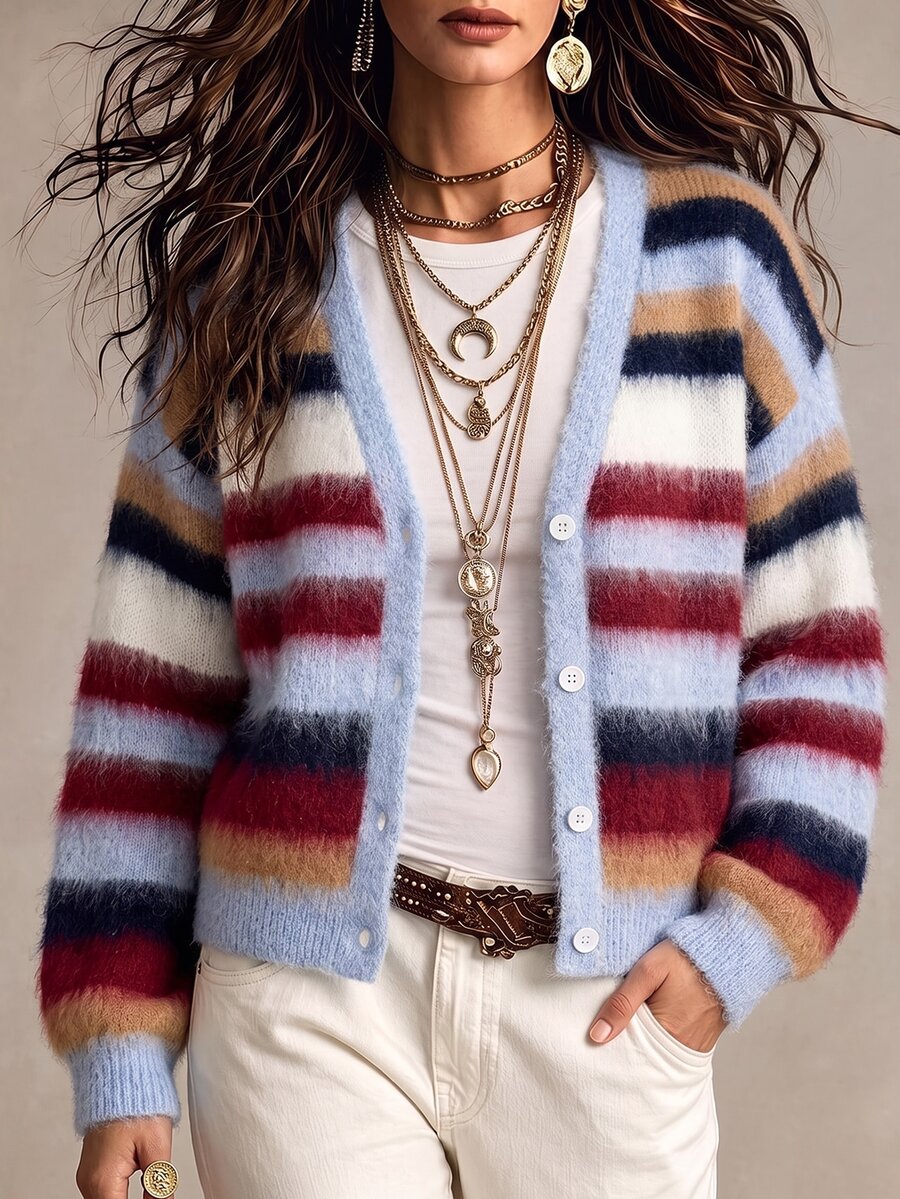SHEIN Fall Winter Vibe Contrast‑Color Multicolor Striped V‑Neck Knit Women Cardigan Casual Retro Vintage 70s Vintage 70s Autumn - Multicolor - View 1