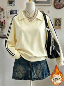 INAWLY Sweatshirt Leher V Bergaya Retro Sporty Musim Gugur/Dingin dengan Trim Webbing dan Blok Warna, Lengan Raglan Longgar, Pullover Lengan Panjang, Pakaian Kasual Serbaguna untuk Perjalanan Kampus - Angsa kuning - View 3