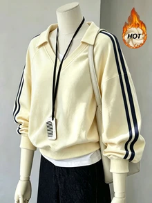 INAWLY Sweatshirt Leher V Bergaya Retro Sporty Musim Gugur/Dingin dengan Trim Webbing dan Blok Warna, Lengan Raglan Longgar, Pullover Lengan Panjang, Pakaian Kasual Serbaguna untuk Perjalanan Kampus - Angsa kuning - View 1