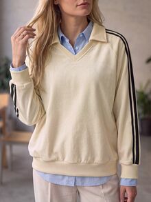 INAWLY Sweatshirt Leher V Bergaya Retro Sporty Musim Gugur/Dingin dengan Trim Webbing dan Blok Warna, Lengan Raglan Longgar, Pullover Lengan Panjang, Pakaian Kasual Serbaguna untuk Perjalanan Kampus - Angsa kuning - View 6