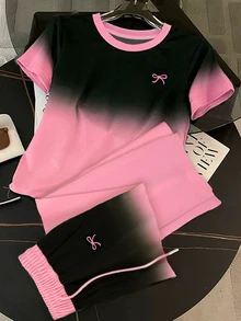 Resyla Regular Fit Crew Neck Short Sleeve T-Shirt + Straight Leg Pants With Slant Pockets - Pink - View 3