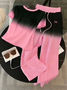 Resyla Regular Fit Crew Neck Short Sleeve T-Shirt + Straight Leg Pants With Slant Pockets - Pink - View 2