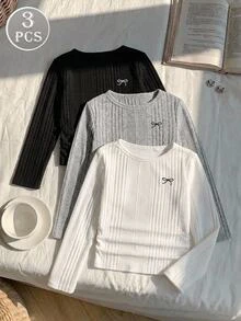 Kids Tween Girl Round Neck Bow Pattern Casual Daily Long Sleeve T-Shirt 3pcs/Set - Multicolor - View 1