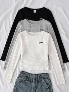 Kids Tween Girl Round Neck Bow Pattern Casual Daily Long Sleeve T-Shirt 3pcs/Set - Multicolor - View 2