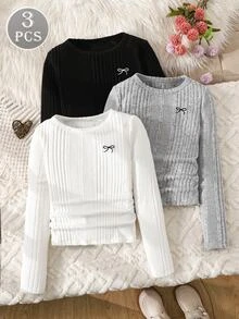 Kids Tween Girl Round Neck Bow Pattern Casual Daily Long Sleeve T-Shirt 3pcs/Set - Multicolor - View 4