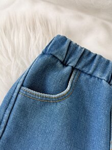 SHEIN 女童藍色丹寧刷毛內裡寬鬆長褲，秋冬款 - 深色水洗藍 - 查看 7