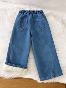SHEIN 女童藍色丹寧刷毛內裡寬鬆長褲，秋冬款 - 深色水洗藍 - 查看 3