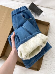 SHEIN 女童藍色丹寧刷毛內裡寬鬆長褲，秋冬款 - 深色水洗藍 - 查看 9