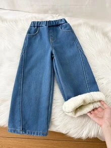 SHEIN 女童藍色丹寧刷毛內裡寬鬆長褲，秋冬款 - 深色水洗藍 - 查看 4