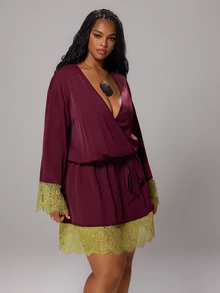 Rustia Plus Size Tie Waist Contrast Lace Sexy Contrast Color Dress Early Autumn Fall - Red Violet - View 6