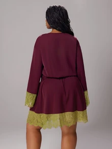 Rustia Plus Size Tie Waist Contrast Lace Sexy Contrast Color Dress Early Autumn Fall - Red Violet - View 3
