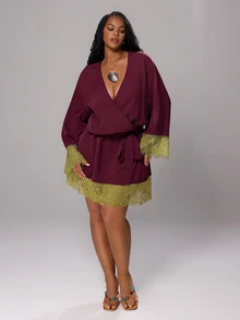 Rustia Plus Size Tie Waist Contrast Lace Sexy Contrast Color Dress Early Autumn Fall - Red Violet - View 2