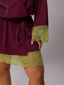 Rustia Plus Size Tie Waist Contrast Lace Sexy Contrast Color Dress Early Autumn Fall - Red Violet - View 8
