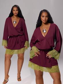 Rustia Plus Size Tie Waist Contrast Lace Sexy Contrast Color Dress Early Autumn Fall - Red Violet - View 4
