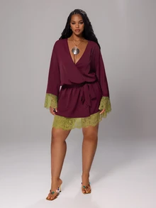 Rustia Plus Size Tie Waist Contrast Lace Sexy Contrast Color Dress Early Autumn Fall - Red Violet - View 7