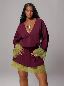 Rustia Plus Size Tie Waist Contrast Lace Sexy Contrast Color Dress Early Autumn Fall - Red Violet - View 5