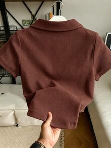 Women's Solid Color Short Sleeve Zipper Placket Casual Top - Coffee Brown - View 2