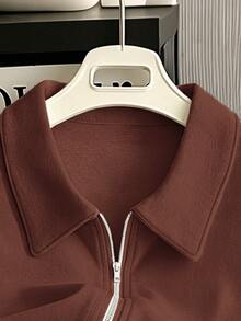 Women's Solid Color Short Sleeve Zipper Placket Casual Top - Coffee Brown - View 3