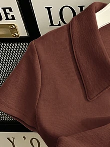 Women's Solid Color Short Sleeve Zipper Placket Casual Top - Coffee Brown - View 4