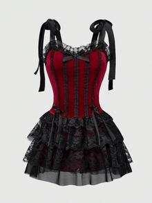 ROMWE Summer Gothic Retro Palace Style Contrast Color Lace Trim Cross Pendant Plus Size Women Spaghetti Strap Dress - Black - View 1