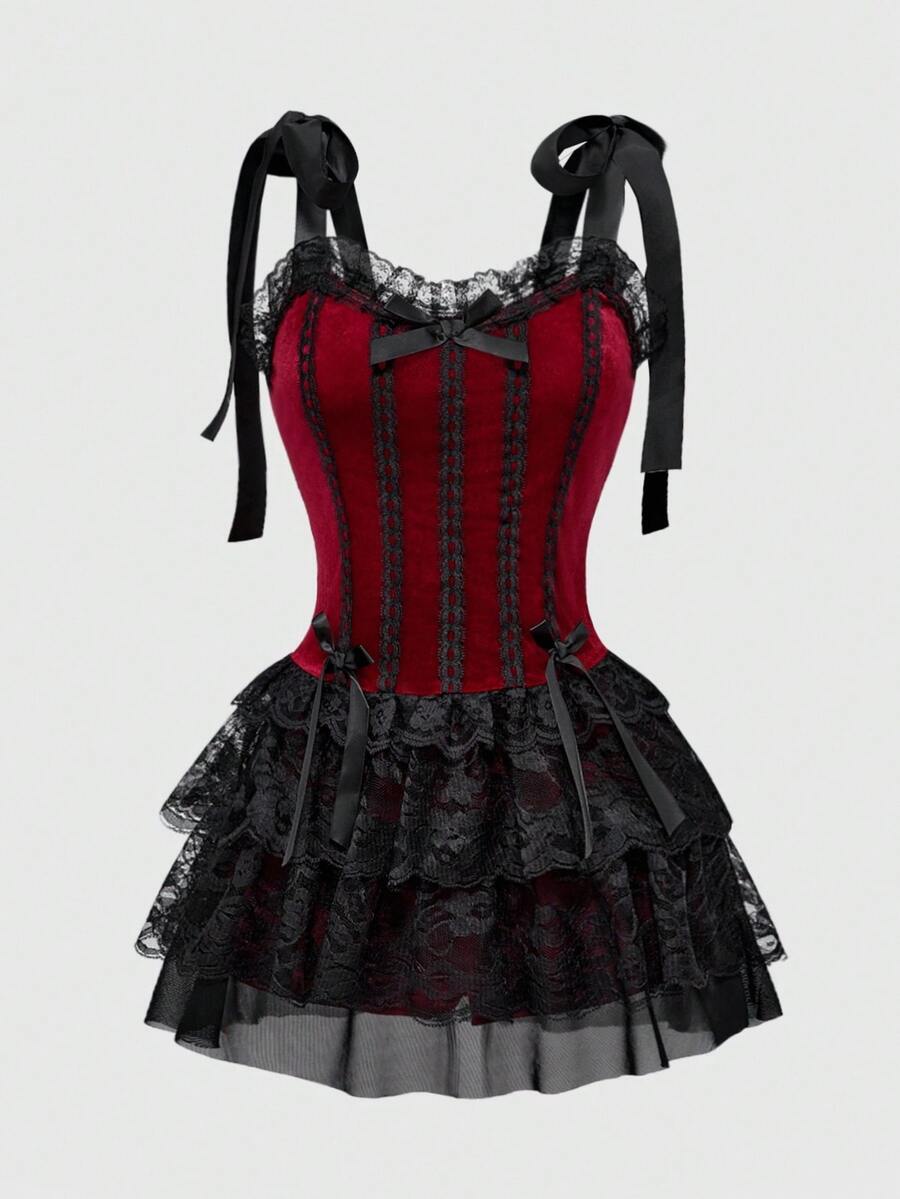 ROMWE Summer Gothic Retro Palace Style Contrast Color Lace Trim Cross Pendant Plus Size Women Spaghetti Strap Dress - Black - View 1