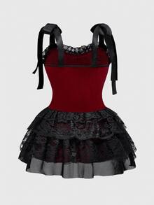 ROMWE Summer Gothic Retro Palace Style Contrast Color Lace Trim Cross Pendant Plus Size Women Spaghetti Strap Dress - Black - View 4