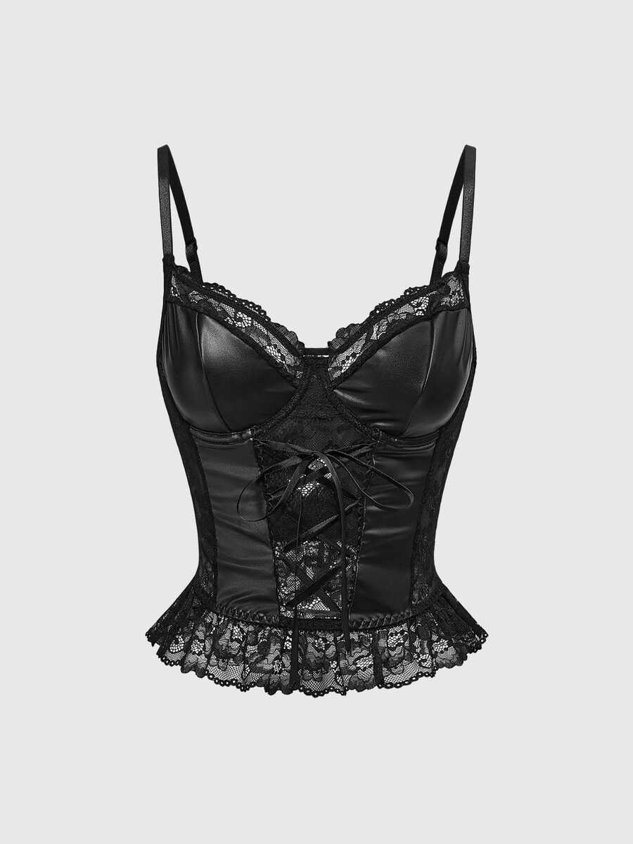ROMWE Sexy PU Lace Splice Gothic Style Camisole - Black - View 1