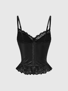 ROMWE Sexy PU Lace Splice Gothic Style Camisole - Black - View 7