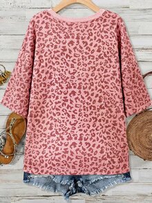 SHEIN LUNE Plus Size Fashion Versatile Leopard Print Short Sleeve T-Shirt - Pink - View 2