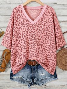 SHEIN LUNE Plus Size Fashion Versatile Leopard Print Short Sleeve T-Shirt - Pink - View 1
