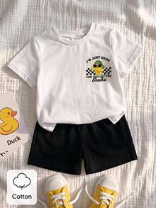 SHEIN Baby Boy Casual Minimalist Cartoon Pattern Short Sleeve & Shorts Set, Suitable For Summer - Multicolor - View 2