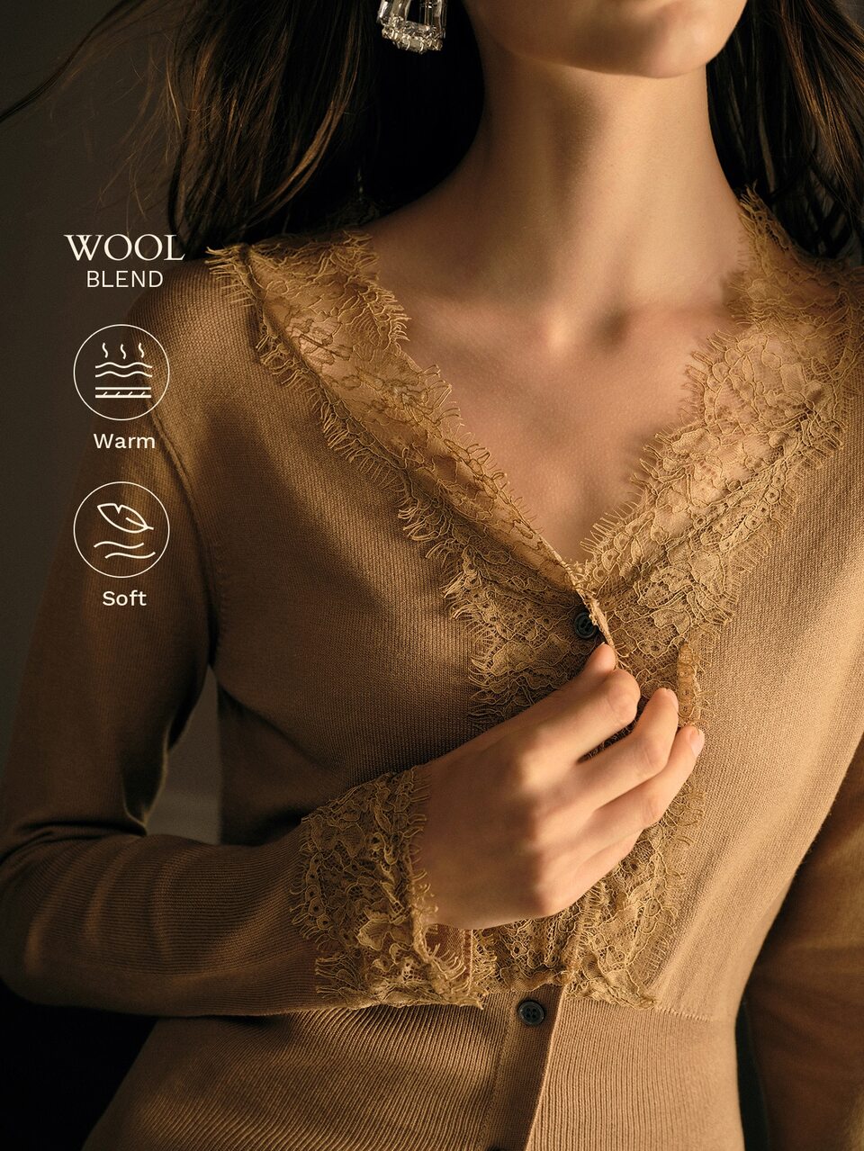 MOTF WOMEN'S V-NECK CONTRAST LACE FITTED SINGLE-BREASTED CARDIGAN