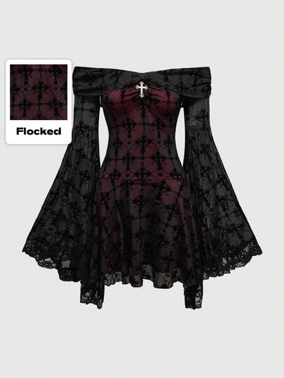 Goth Romantisches, vintage palastartiges gotisches Midi-Kleid mit Samt-Riemen, für Silvester