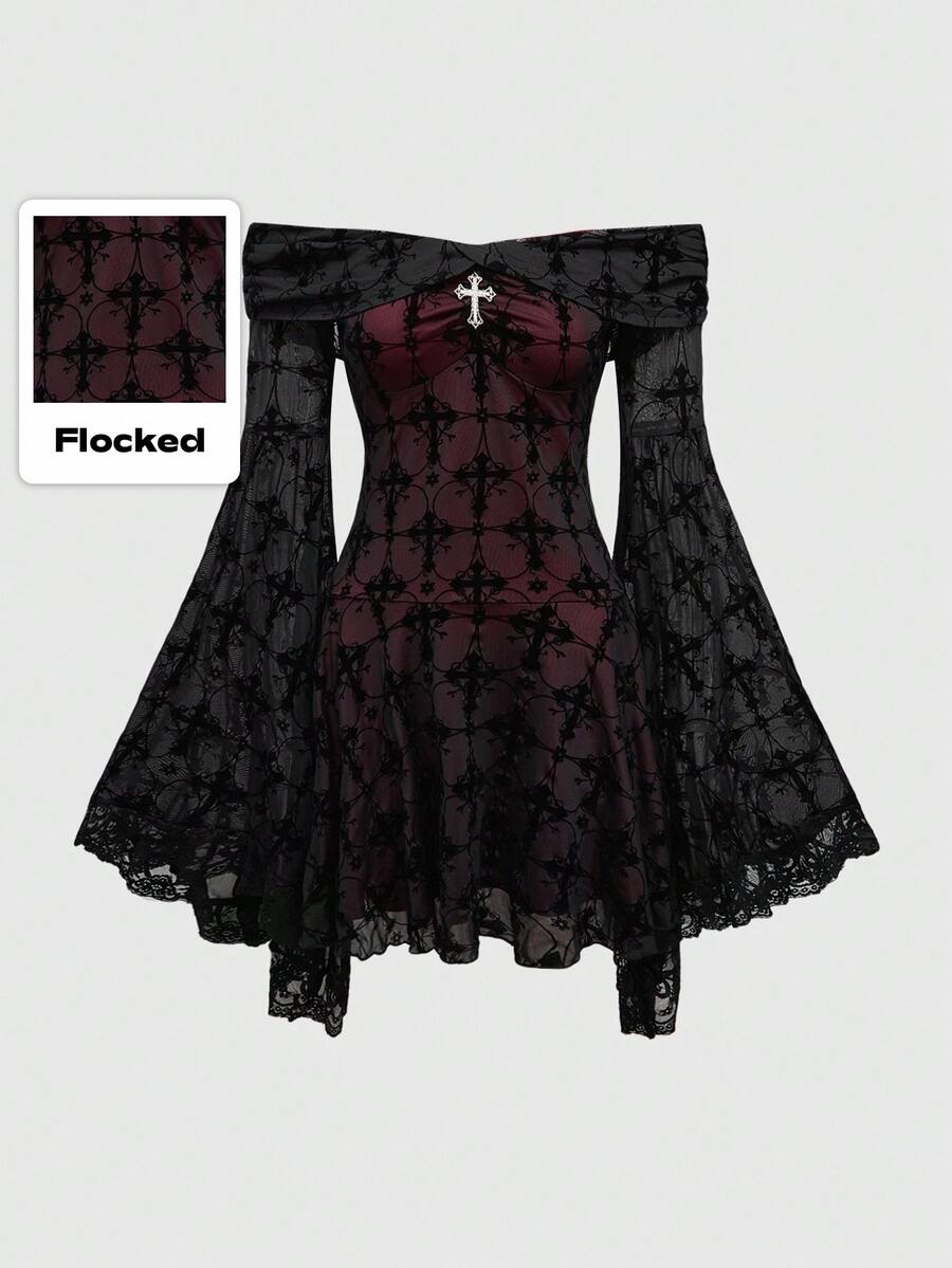 ROMWE Romantic Vintage Palace Gothic Cross Flocked Strap Midi Dress, For New Year - Black - View 1