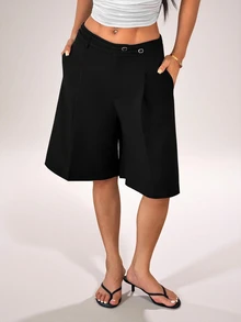 SHEIN PETITE Fashionable Versatile Commuter Solid Color Bermuda Shorts - Black - View 3