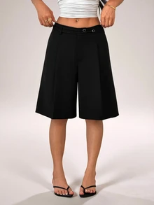 SHEIN PETITE Fashionable Versatile Commuter Solid Color Bermuda Shorts - Black - View 8