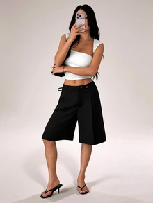 SHEIN PETITE Fashionable Versatile Commuter Solid Color Bermuda Shorts - Black - View 7