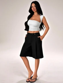 SHEIN PETITE Fashionable Versatile Commuter Solid Color Bermuda Shorts - Black - View 9