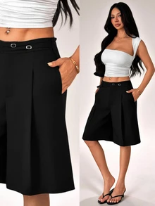 SHEIN PETITE Fashionable Versatile Commuter Solid Color Bermuda Shorts - Black - View 1