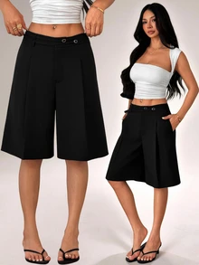 SHEIN PETITE Fashionable Versatile Commuter Solid Color Bermuda Shorts - Black - View 4