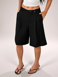 SHEIN PETITE Fashionable Versatile Commuter Solid Color Bermuda Shorts - Black - View 6